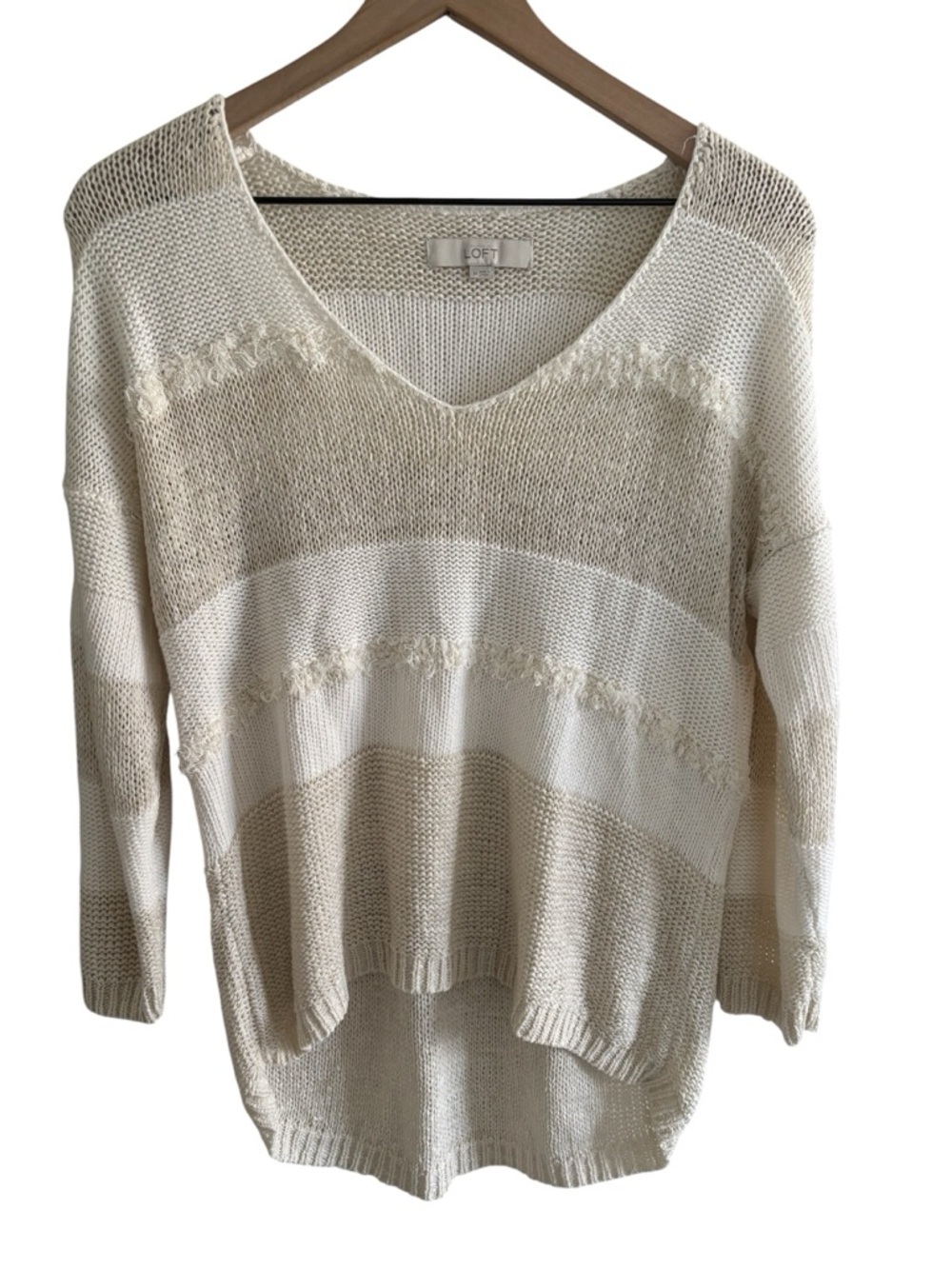 LOFT Open Knit Fringe Sweater Medium V-Neck Pullover Boho Coastal Grandma Beach